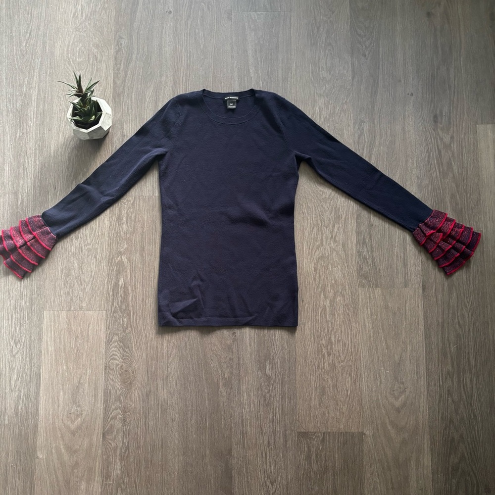 Club Monaco Navy and Red Ruffle Sleeve Thin-Knit Sweater